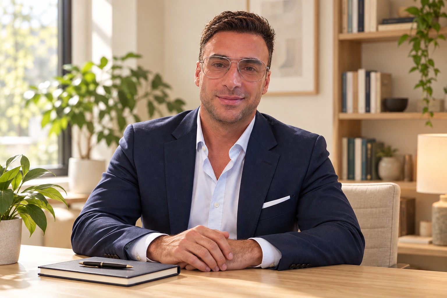 Ritratto di Marco Grosso alla scrivania; ambiente generato